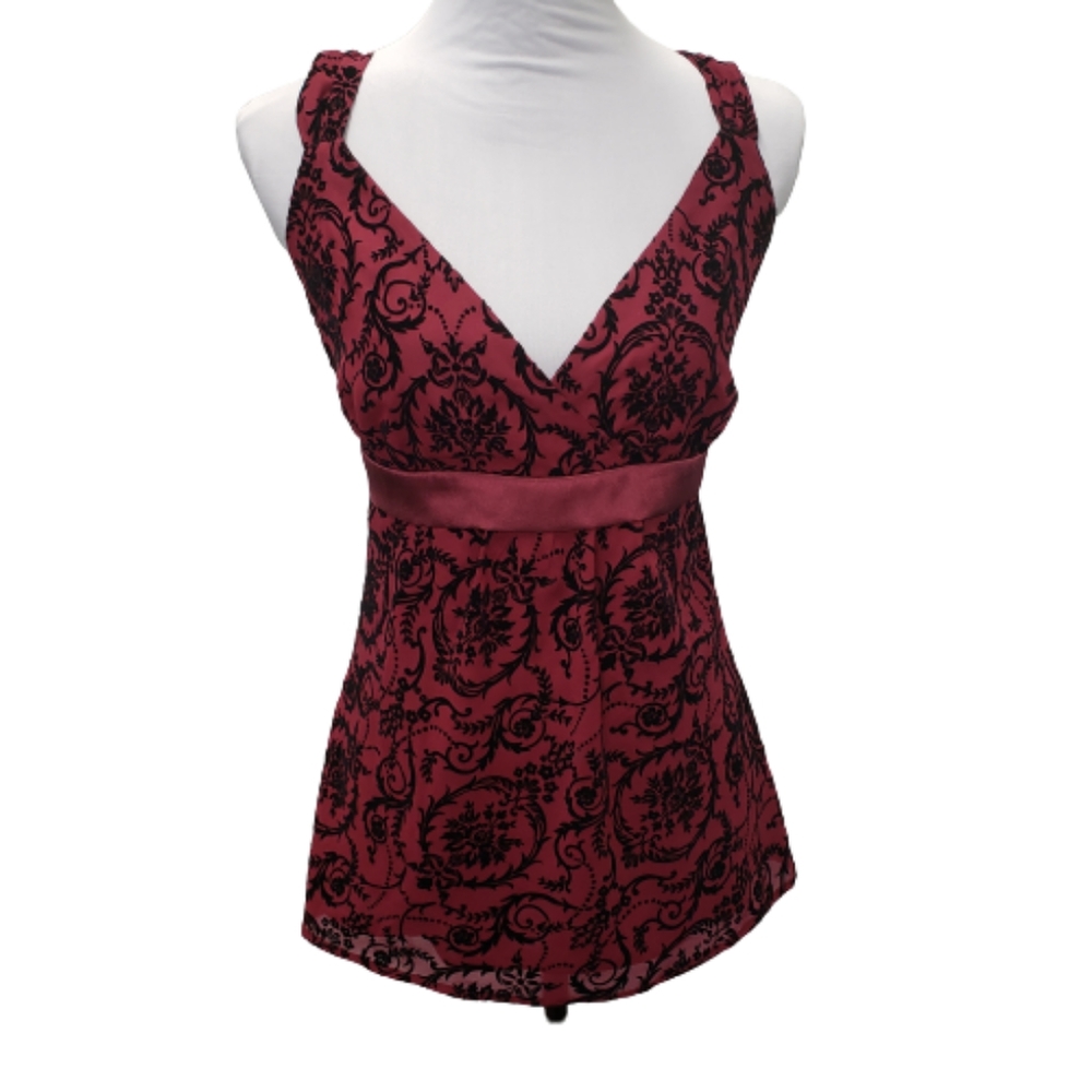 Apt. 9 Velvet Sheer Satin Print Sleeveless Blouse Size Large Maroon